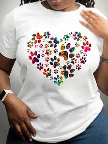 Camiseta Casual de Manga Corta con Cuello Redondo y Estampado Geométrico de Corazón y Pata para Mujer Talla Grande L-5XL, Regalo para el Día de la Madre - Blanco - Ver 1