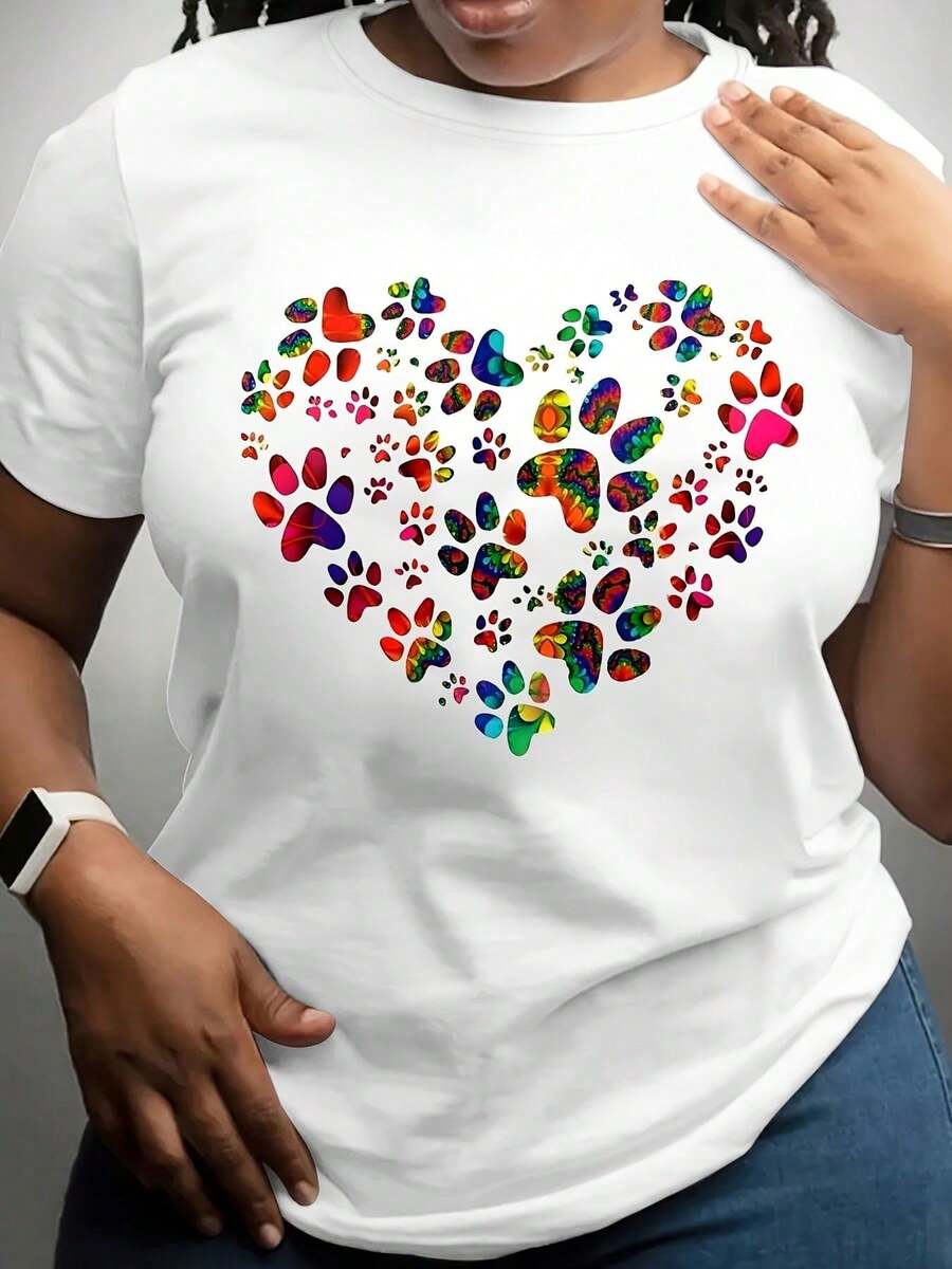 Camiseta Casual de Manga Corta con Cuello Redondo y Estampado Geométrico de Corazón y Pata para Mujer Talla Grande L-5XL, Regalo para el Día de la Madre - Blanco - Ver 1