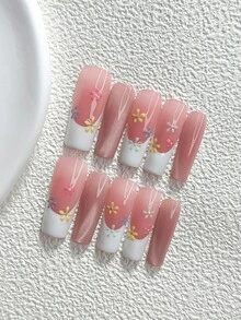 10pcs French Soft Gel Press-On Nails, Polygel Nail Art Set, Floral Pattern, Pink Blue Yellow White Nail Polish, Sweet & Cool Style, Includes Nail Tools, 3 Sizes Available, Almond/Duck/Coffin Shape, Suitable For Party, Dancing, Daily Wear Handmade Press On Nails - 彩色 - 查看 19