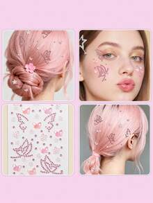 Pink Butterfly Flower 3D Glitter Rhinestone Face Jewels, Y2K Self-Adhesive Rhinestones, DIY Concert Disco Party Shiny Face Decoration - 粉色 - 查看 2
