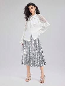 Rich Radi Q's Women's Silver Sequin A-Line Midi Dress, Suitable For Party And Casual Occasions, Made Of Non-Stretch Fabric - Silver - View 3