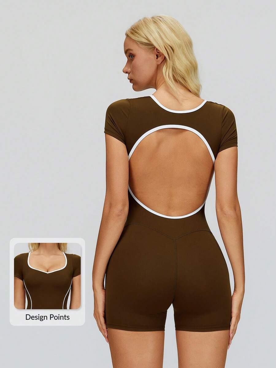 MASKERT 高弹力女士运动连体裤，时尚露背设计，紧身塑形，健身瑜伽连体裤 - 巧克力棕 - 查看 1