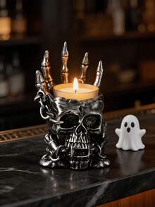 1pc Gothic Skeleton Candle Holder, Bone Hand Flame Illusion, Chain And Horn Details, Spooky Home Decor, Halloween Party Tabletop Centerpiece, Punk Rock Style Ornament - A - View 2