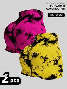 2-Piece Set Of Tie-Dyed Three-Quarter Length Athletic Shorts - Yellow - View 1