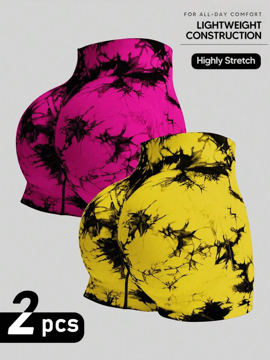 2-Piece Set Of Tie-Dyed Three-Quarter Length Athletic Shorts - Yellow - View 1