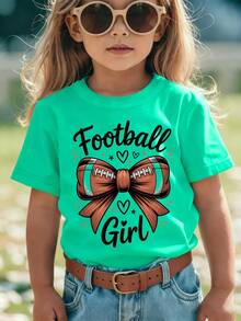 Girls' Short-Sleeved T-Shirt, Summer Style, With "Football Girl" Inscription, Rugby , Bow Print, Versatile Casual Top NY-DX9381 - Green - View 1