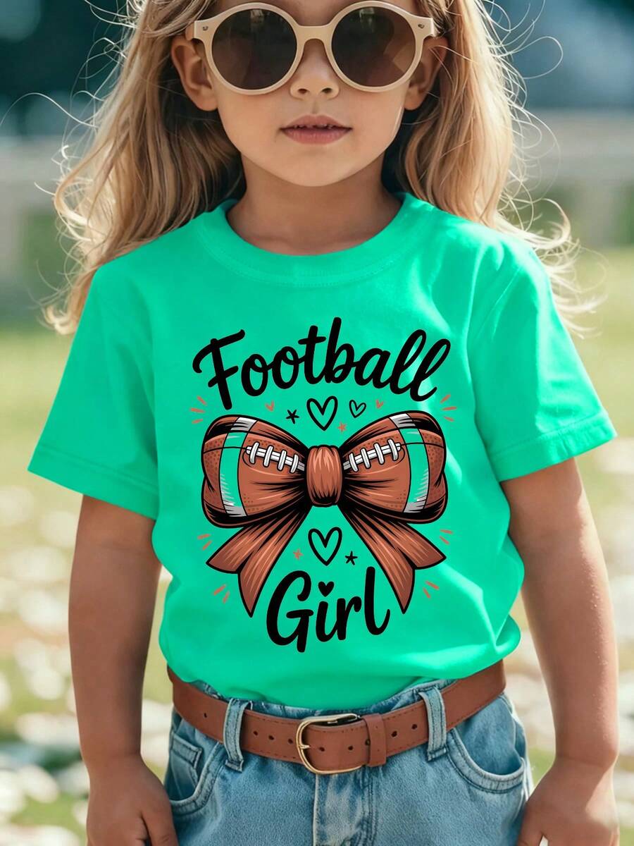 Girls' Short-Sleeved T-Shirt, Summer Style, With "Football Girl" Inscription, Rugby , Bow Print, Versatile Casual Top NY-DX9381 - Green - View 1