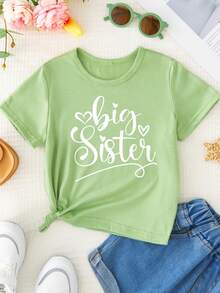 Simple, Comfortable And Sweet T-Shirt For Girls With A "Big Sister" Letter Print. - 綠色 - 查看 2