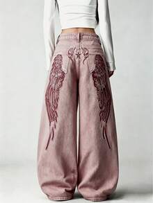1pc American Street Style Women's Embroidered Loose Wide Leg Jeans Fashion All-Season Long Pants Casual Fall - Red - View 7