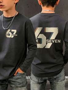 Tween Boy Casual Fun Graphic Print Crew Neck Pullover Long Sleeve T-Shirt Autumn/Winter Top - Dark Grey - View 1