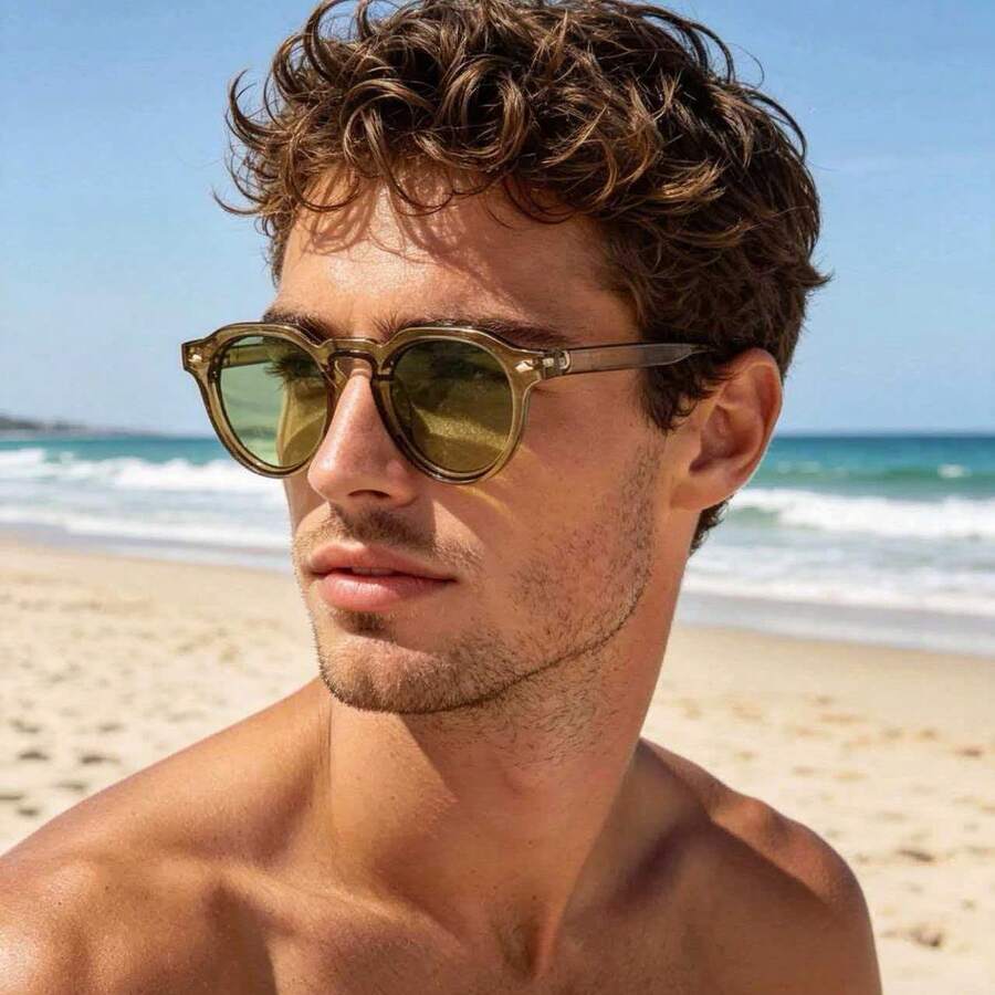 1pc Unisex Retro Round Small Frame Minimalist Fashion Glasses, Suitable For Travel, Holidays, Beach And Daily Wear - Green Frame Green Film - View 1