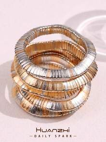 2 Elastic Cord Bracelets With Gold And Silver Color Blocks, European And American Style, 5-Piece Set, Simple And Versatile INS Style, Fashionable Bracelets For Everyday Wear - Multicolor - View 1