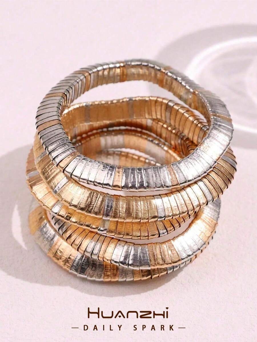 2 Elastic Cord Bracelets With Gold And Silver Color Blocks, European And American Style, 5-Piece Set, Simple And Versatile INS Style, Fashionable Bracelets For Everyday Wear - Multicolor - View 1