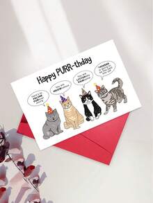 1pc "Happy PURR-Thday" Funny Cat Birthday Card With Envelope – Punny Party Cats Cartoon Design – Humorous Greeting For Cat Lovers – Blank Inside - A - View 6