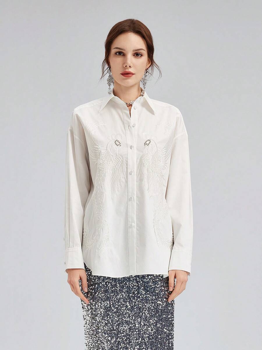 Rich Radi Q's Women's White Long Sleeve Shirt Collar Top, Elegant Embroidery Details, Autumn Fashion & Daily Wear Essential - White - View 1