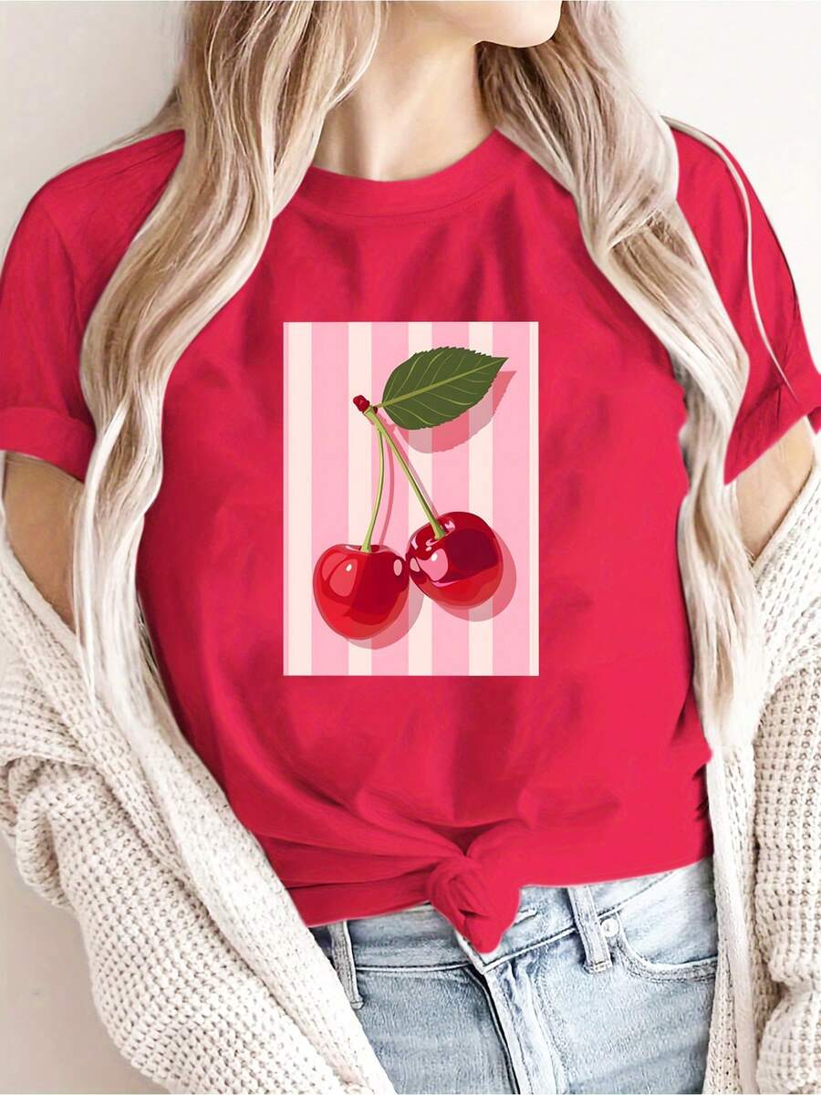 Y2K Women's Casual Summer T-Shirt. Fashionable Printed Short-Sleeve T-Shirt For Women, Featuring A Cherry Design, Round Neck, And A Casual Style Suitable For All Seasons. Available In Various Colors. - 紅色 - 查看 1
