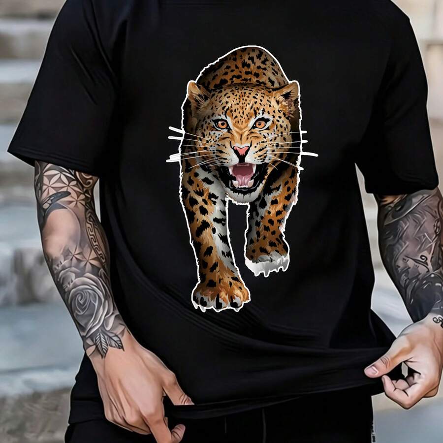 Estilo Salvaje, Estampado de Leopardo Realista, Camiseta para Hombre, Corte Regular, Diseño Detallado y Vibrante, Ideal para Uso Diario y Actividades al Aire Libre, Verano - Negro - Ver 1
