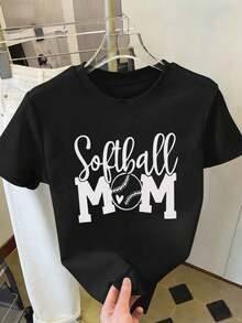 Camiseta gráfica Softball Mom Primavera, 100% algodón, estampado artístico, casual, transpirable - Negro - Ver 2