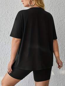 Un conjunto de manga corta para mujer, elegante e casual, , fabricado con material suave y transpirable, ideal para el ocio - negro+negro - Ver 2