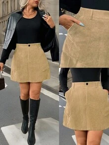Falda midi con bolsillos con cremallera y decoración, de pana y corte evasé, talla grande - Caqui - Ver 13