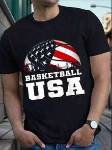 USA Support The Team Basketball Jersey, Dream Jersey With USA Flag, Casual Round Neck Short Sleeve Summer Jersey, Men's Jersey - 黑色 - 查看 1