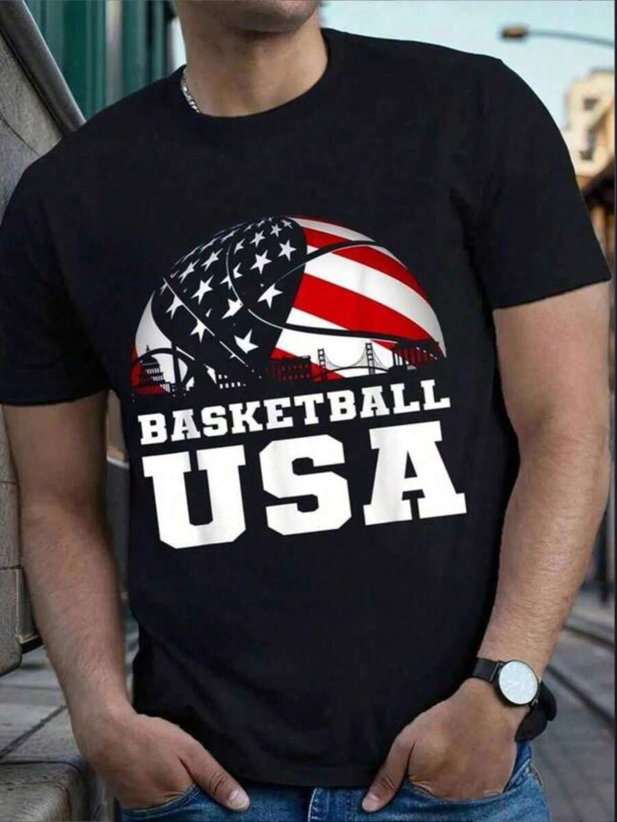 USA Support The Team Basketball Jersey, Dream Jersey With USA Flag, Casual Round Neck Short Sleeve Summer Jersey, Men's Jersey - 黑色 - 查看 1
