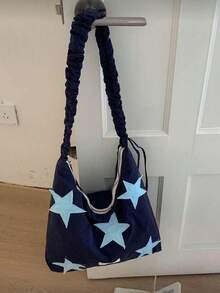 Colorblock Five-Pointed Star Fabric Pleated Shoulder Bag, Breathable Wrinkled Fabric Lightweight And Easy To Fold, Extra Large Capacity To Hold All Study And Travel Essentials, Steady Navy Blue Paired With Soft Light Blue Stars, Suitable For Casual And Academic Style Outfits All Year Round - Navy Blue - View 4