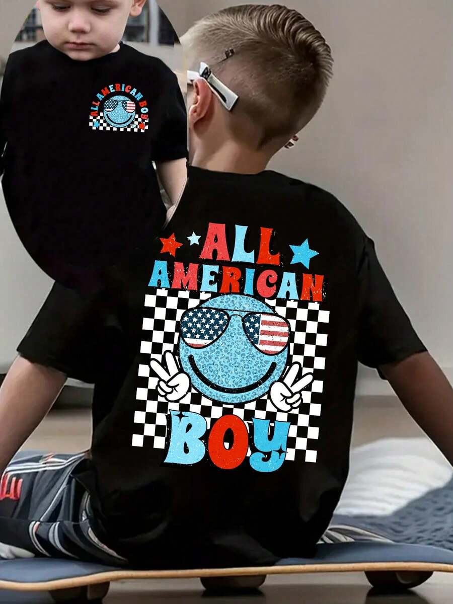 Fashionable Short-Sleeved T-Shirt For Boys 'American Independence Day' 'ALL AMERICA BOY' With Plaid Elements And Double-Sided Cartoon Print, Casual Outdoor Top - 黑色 - 查看 1