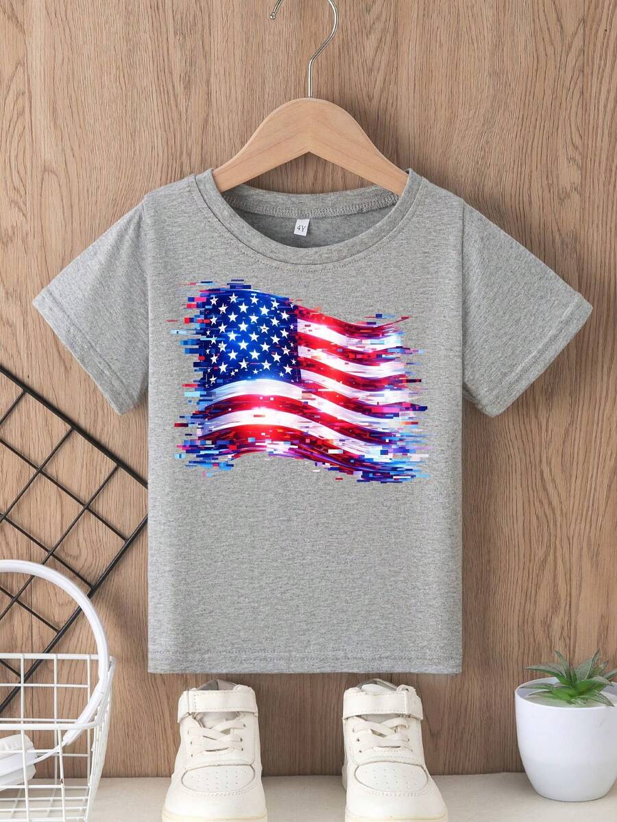 SKETCH DIGITAL GLITCH Short-Sleeved T-Shirt With Round Neck, Bright Stars And Bars Design, Multifunctional, Comfortable And Breathable, Children's Clothing For Kids. - 灰色 - 查看 1