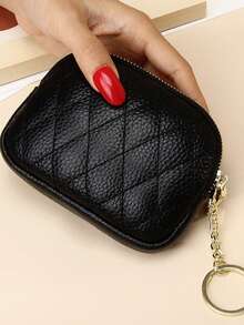 Caramel Diamond-Quilted Pebbled Coin Purse With Key Ring, Holds Coins, Cards, Car Key & Lipstick, Retro Style, Portable For Commute. - Multicolor - View 13