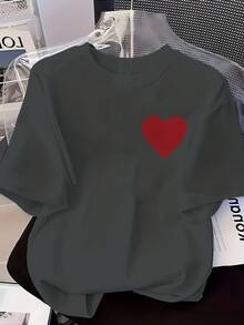 Short-Sleeved T-Shirt With Round Neck And Red Heart Print 9TDB - Mocha Brown - View 9