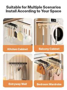 Expandable Rail Hook Rack, Kitchen Utensil Storage Rack, Coat & Hat Hanging Rack (No-Drill Under-Cabinet Hanging Organizer With Sliding Hooks, Rust-Proof Kitchen Utensil Rack, Suitable For Cabinets, Wardrobes, Balconies And Entryways) - View 10