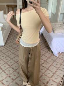 Women's 2-In-1 Asymmetric Shoulder Short Sleeve T-Shirt, Summer New Lace Patchwork Hem Slim Fit Top Yellow - Yellow - View 10
