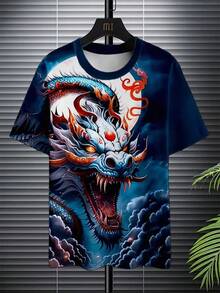 Men's Short-Sleeved T-Shirt, Size, With 3D Digital Dragon Print, Round Neck, Loose Fit, Casual, For Summer. - Hitam dan Putih - View 7