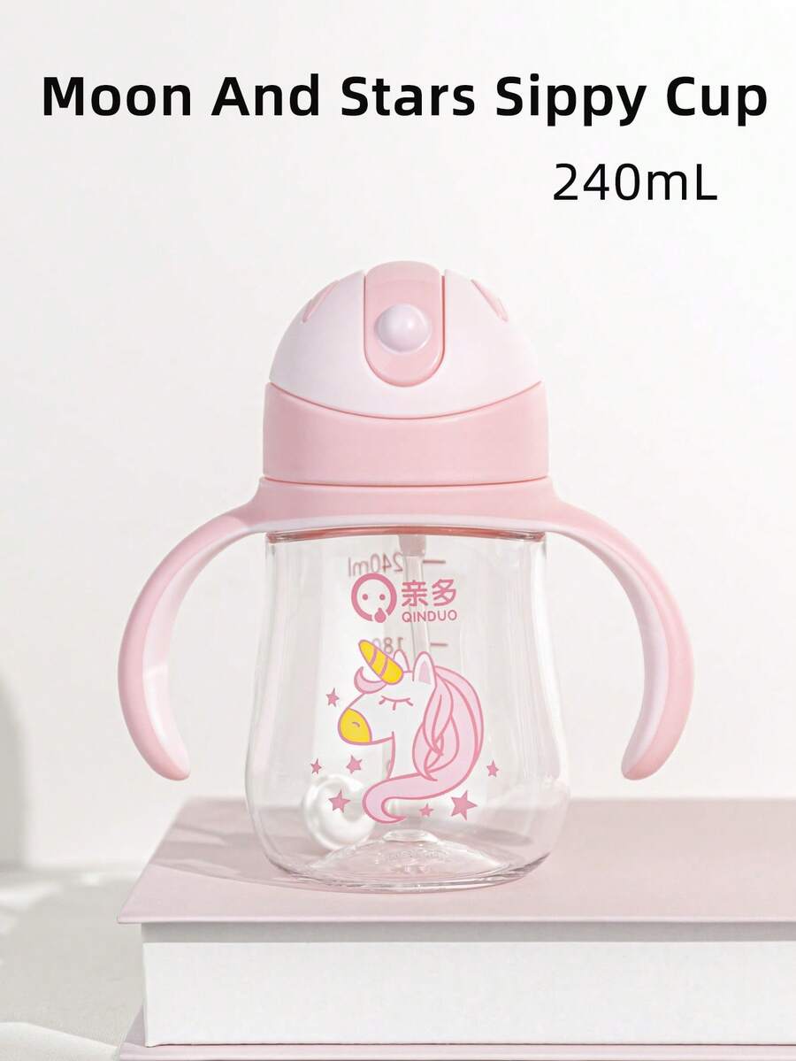 1個 240ML 卡通 360° 吸管兒童杯,可愛嬰兒訓練杯,Tritan 防嗆防漏耐摔,附手柄與刻度,適合日常使用 - 星月款粉 - 查看 1