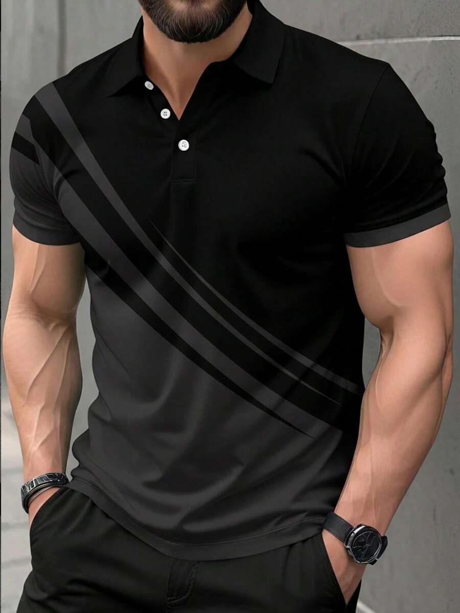 男士休閒拼色拼接短袖 Polo 衫，適合通勤穿著 - 灰色 - 查看 1