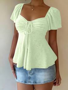 Women's T-Shirt, Modern And Elegant, New For Spring/Summer, Y2K Style, Solid Color, Jacquard, Comfortable And Breathable, With V-Neck, Adjustable Drawstring And Short Sleeves - 軍綠色 - 查看 7