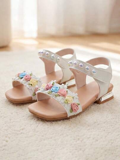 Kids White Lace Bow Sandals [3D Floral Pearl Strap Low Block Heel] Toddler Party Pageant Casual Dressy