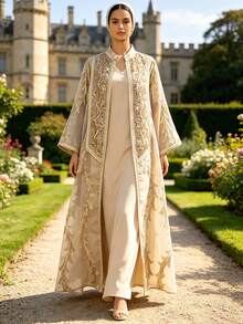 Solessence 2 Pieces Women's Sequin Beads Embroidery Muslim Abaya Set, Loose Fit Islamic Clothing Dubai Style Abaya Kaftan For Eid Elegant Fall - Apricot - View 12