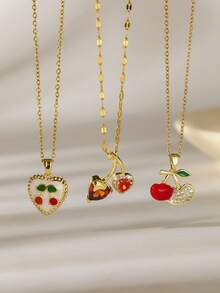 1 pieza Collar vintage lindo de cereza y fresa colorida con circonita, artesanía de esmalte - Regalo de Navidad, Día de San Valentín, Día de la Madre, adecuado para el uso diario de las mujeres o para ocasiones de fiesta, se puede combinar con colgante, collar de acero inoxidable, collar estilo Y2K, collar de oro para mujer, collar para mujer - Multicolor - Ver 3