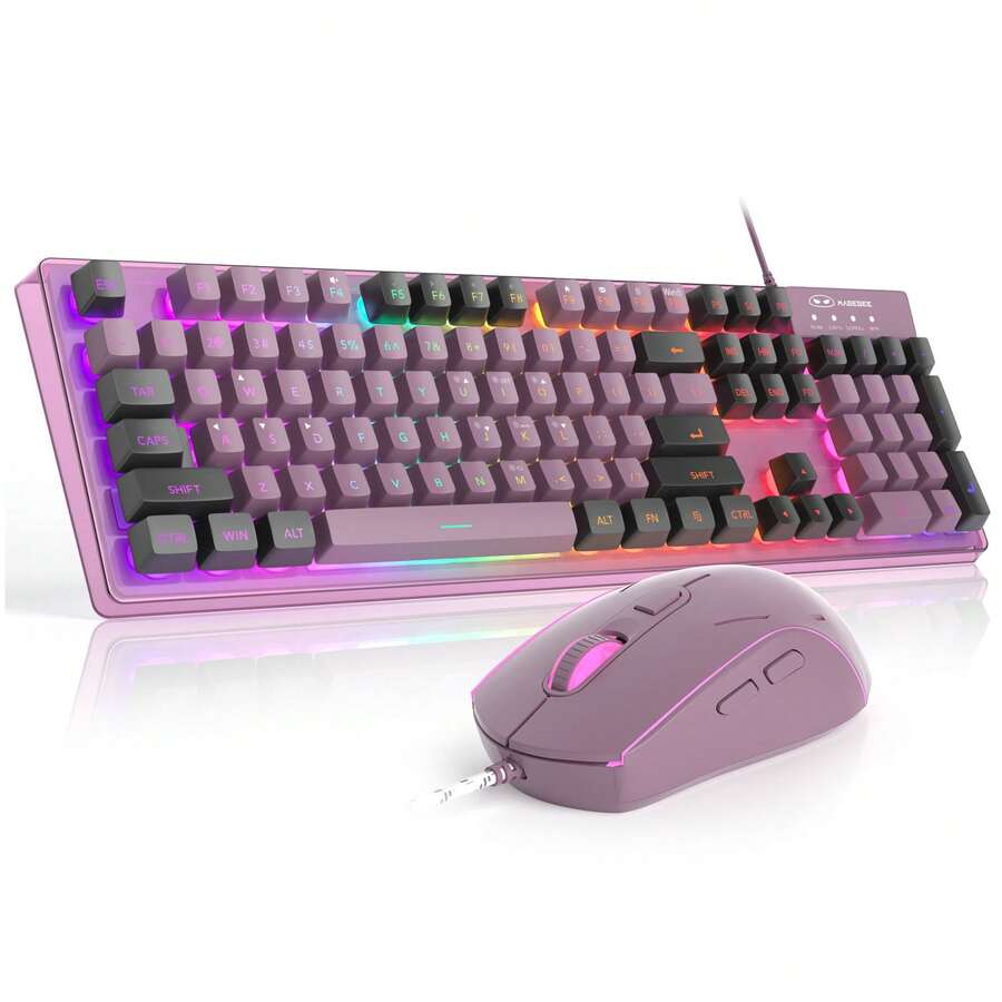 Combo de Teclado y Ratón para Juegos, Teclado K1 con Retroiluminación LED Arcoíris de 104 Teclas, Compatible con Computadora/PC/Portátil (Grosella Negra) - Grosella negra - Ver 1