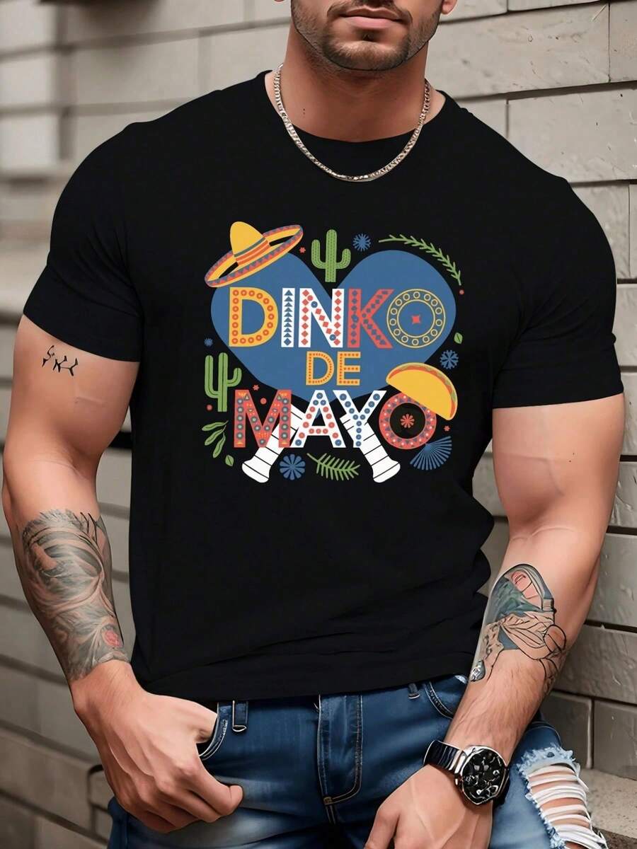 1 pcsCelebra con alegría usando esta Camiseta de hombre con cactus sombrero y un corazón vibrante que dice Dinko de Mayo ¡Perfecta para festejar 100% algodón!180g - Negro - Ver 1