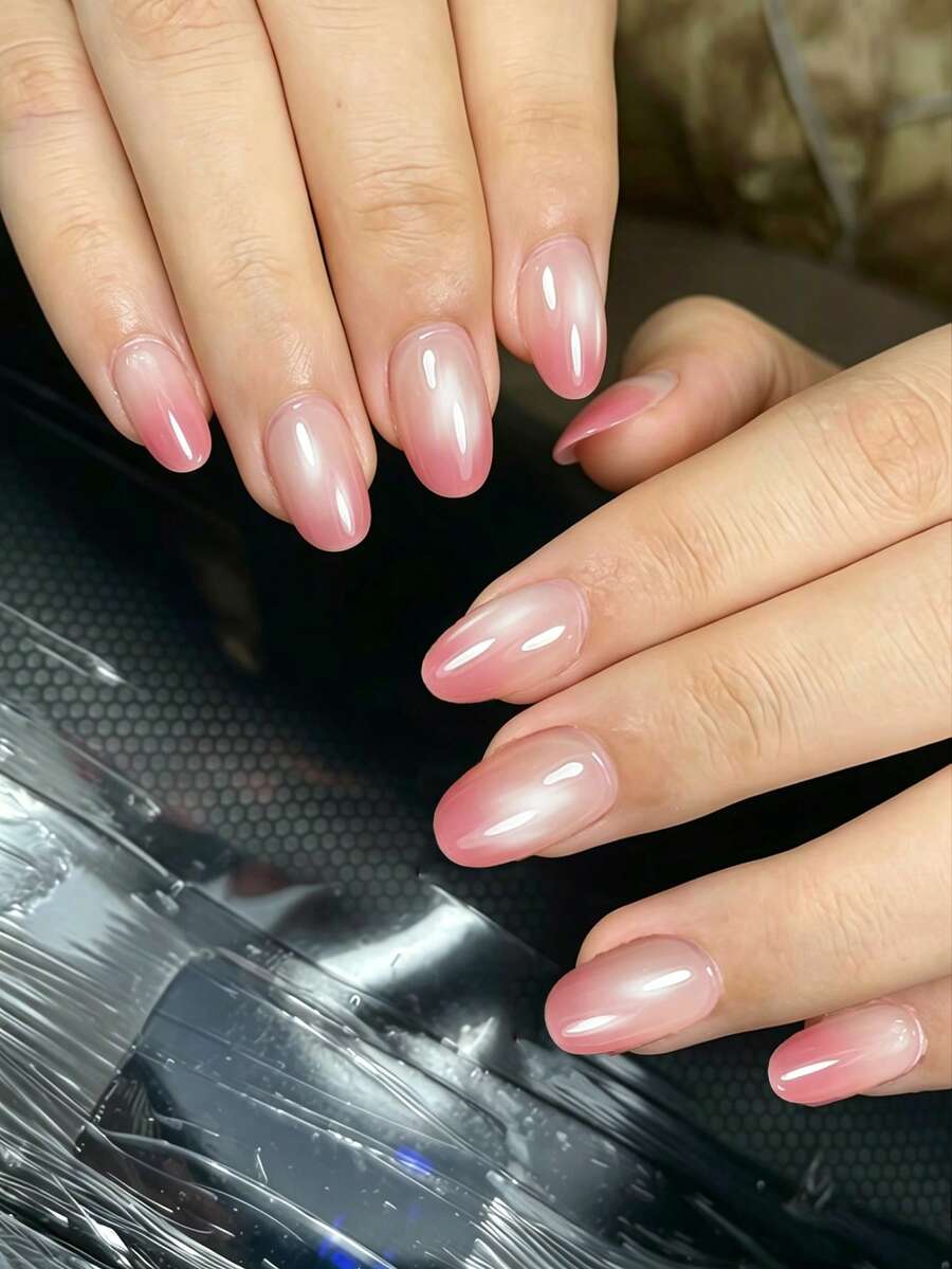 Instantly Elevate Your Look 24pcs Short Oval Press-On Fake Nails Peach Pink Gradient Glass Bead Cat Eye Full Coverage Nail Stickers Includes 1pc Jelly Glue And 1pc Nail File Suitable For Women And Girls Daily Work Dating Shopping And Party Use - Multicolor - View 1