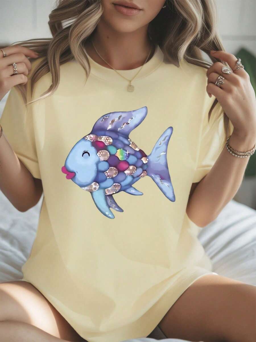 Rainbow Fish Print T-Shirt, Pure Cotton Short Sleeve Crew Neck T-Shirt, Casual Summer T-Shirt For Women, 180 G/M² (1 Piece) - 杏色 - 查看 1