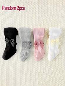 2/4 Pairs Girls Bow Decor Ribbed Tight Leggings, Sweet Daily All-Match Style, Versatile Spring/Autumn/All Season Children's Tights - Multicolor - View 12