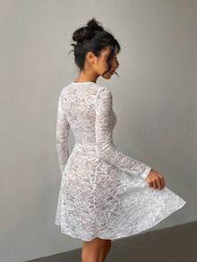 Vestido blanco mini sexy con manga larga, cuello en forma de corazón de encaje, lazo y fruncido, estilo romántico y dulce para mujer, ideal pa - Blanco - Ver 5