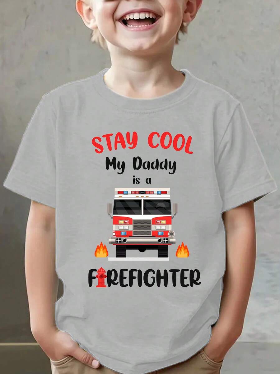 Summer Fashion Short Sleeve T-Shirt For Kids "STAY COOL My Daddy Is A FIREFIGHTER" With Fire Truck Cartoon Print, Casual Outdoor Top NY-DX9673 - 灰色 - 查看 1