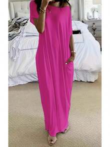 Nuevo vestido largo casual de verano para mujer, de manga corta y color liso - Blanco - Ver 8
