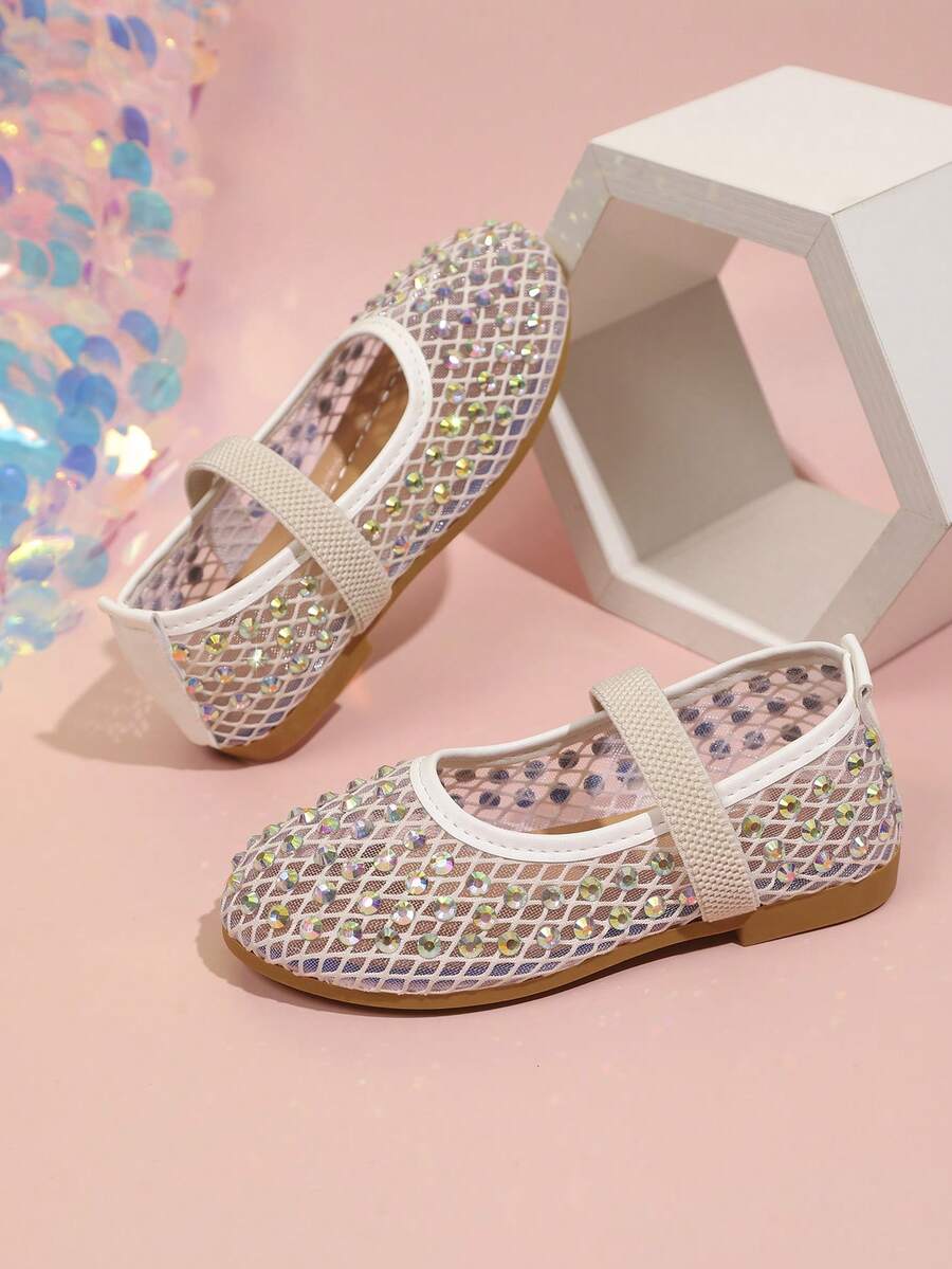 1 Pair Kids Flat Slip-On Mary Jane Shoes, Fashion Rhinestone Princess Shoes, Suitable For All Seasons, Outdoor Wear, Party, Stage, Spring And Autumn, Girls Shoes - White - View 1
