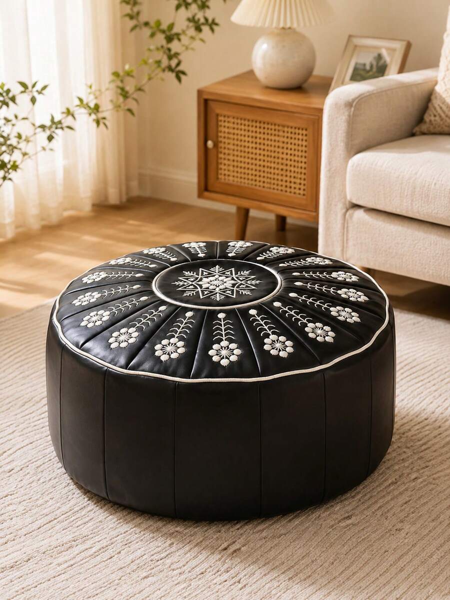 1 pieza Taburete de almacenamiento con bordado floral bohemio, cojín de suelo redondo con función de almacenamiento, diseño impermeable, adecuado para sala de estar, dormitorio y decoración del hogar, taburete multifuncional para almacenamiento de ropa, banco de almacenamiento para el hogar, caja de almacenamiento plegable de gran capacidad, taburete creativo para cambiarse los zapatos, cojín redondo suave, silla de almacenamiento lateral del sofá